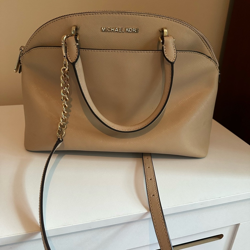 Michael Kors Tan Satchel with Chain Detail